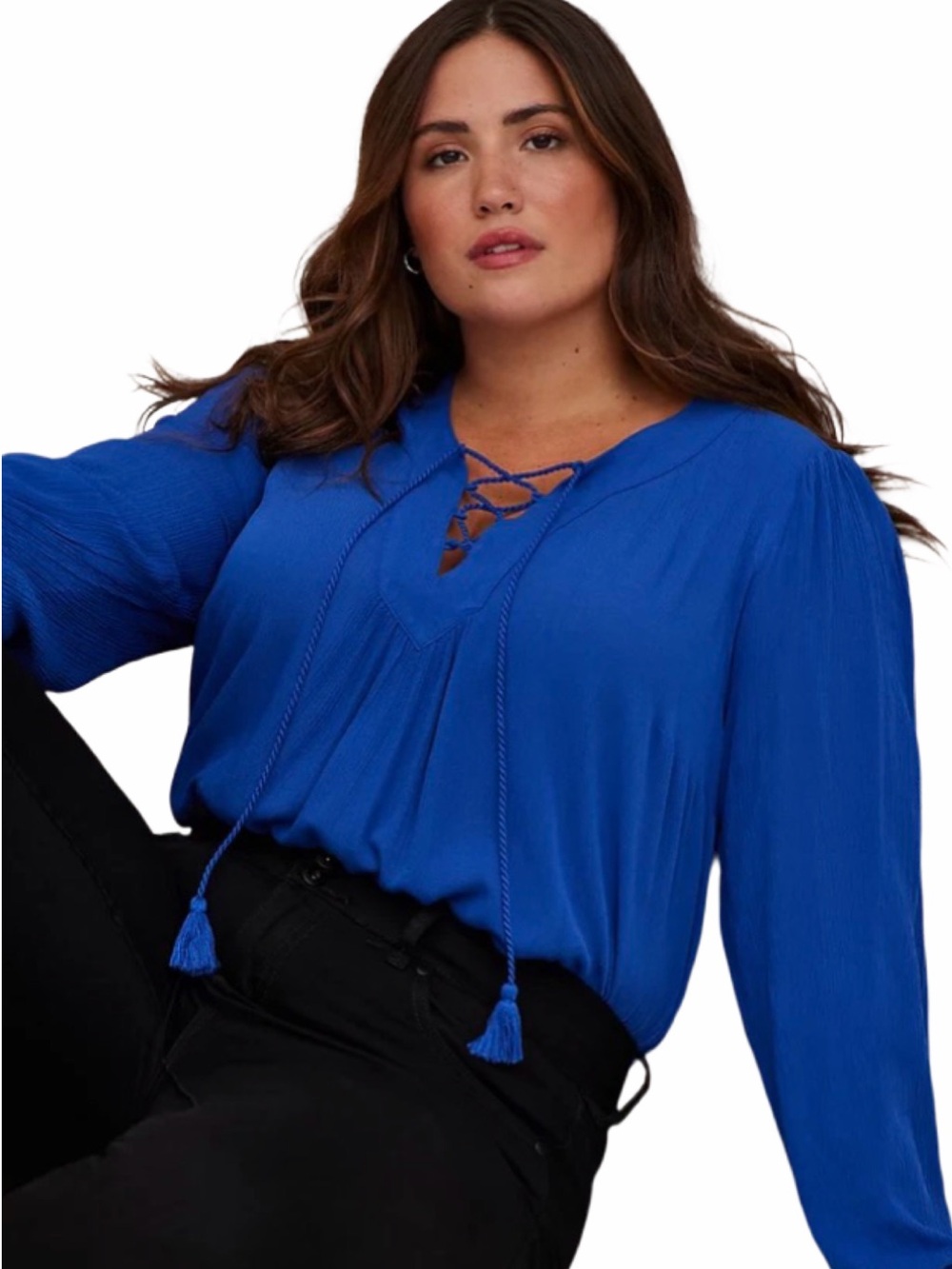 Torrid CRINKLE GAUZE LACE-UP TOP Size 3X Long Sleeve Royal Blue